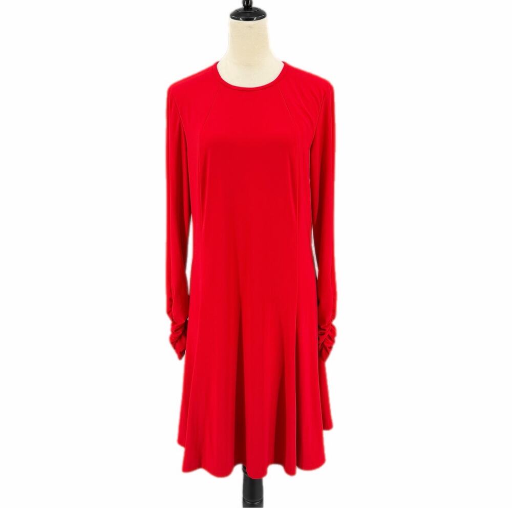 Lauren Ralph Lauren Red Fit and Flare Ruched Long Sleeve Jersey Holiday Dress
